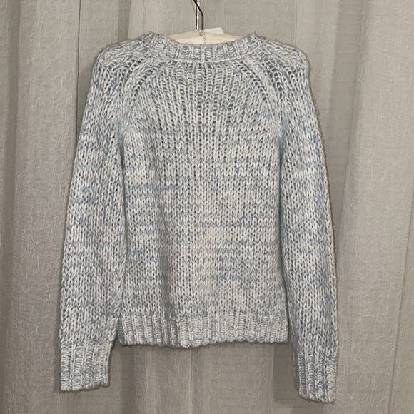 AQUA XS Chunky Knit Crewneck Raglan Sleeve Heather Light Blue White Pullover - Picture 3 of 12